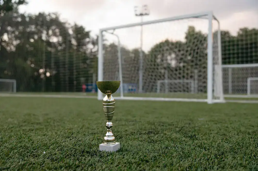 A competitive game tournament setup with a small trophy