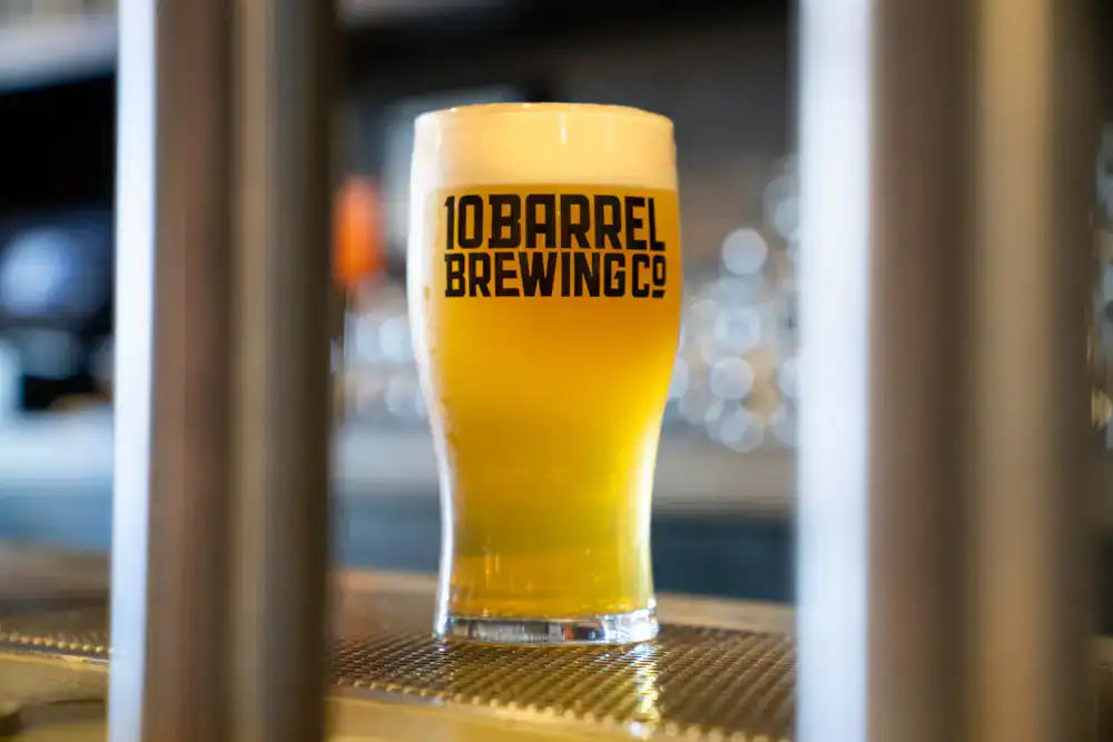 A cold craft beer in a branded glass