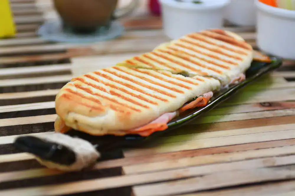 A warm panini sandwich on a rustic plate